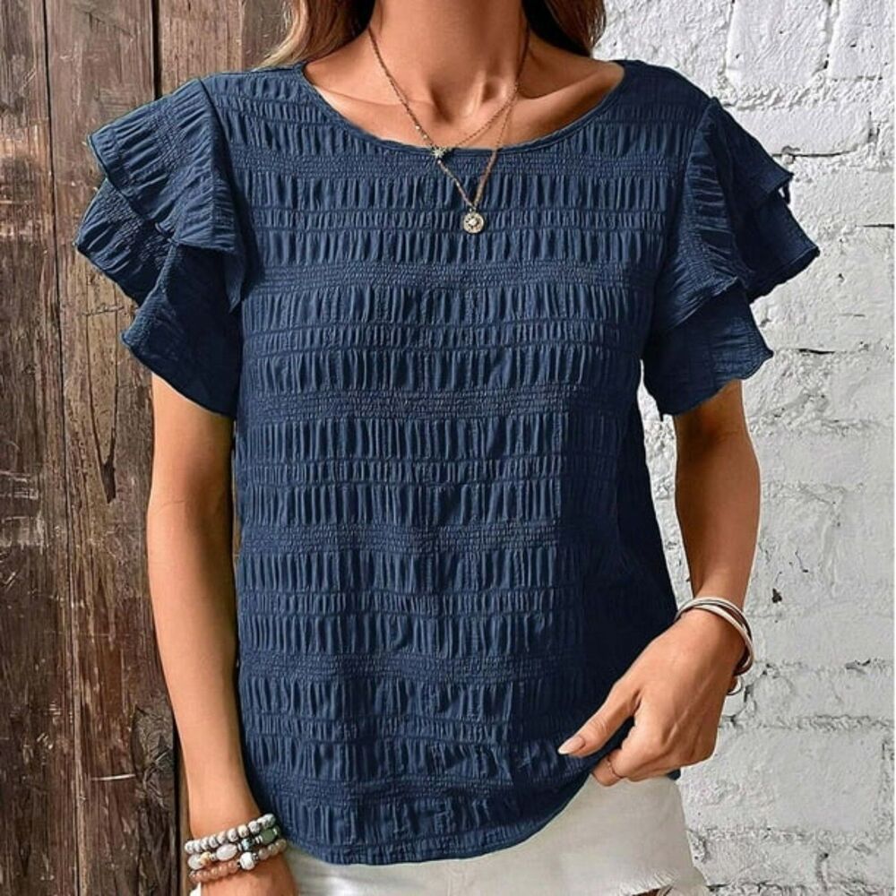 Navy Ruffle Sleeve Blouse